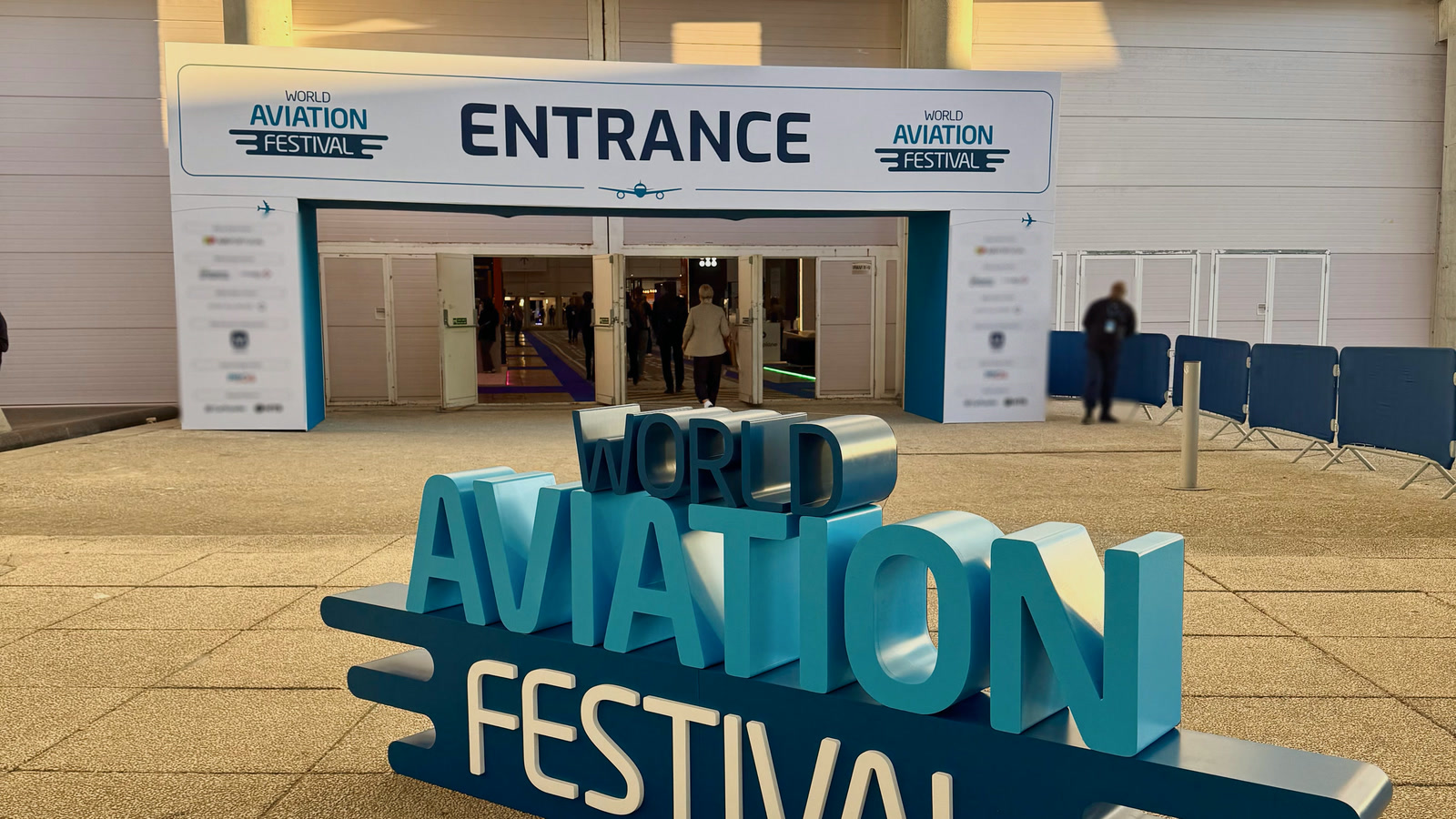 The World Aviation Festival sign at the entrance to FIL Lisbon